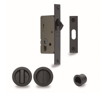 Heritage Brass Round Sliding Pocket Door Bathroom Lock Set - Matt Black