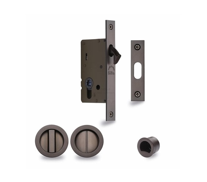 Heritage Brass Round Sliding Pocket Door Bathroom Lock Set - Matt Bronze