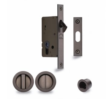 Heritage Brass Round Sliding Pocket Door Bathroom Lock Set - Matt Bronze