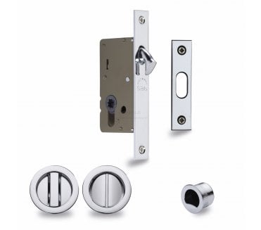 Heritage Brass Round Sliding Pocket Door Bathroom Lock Set - Polished Chrome