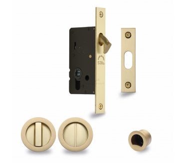 Heritage Brass Round Sliding Pocket Door Bathroom Lock Set - Satin Brass