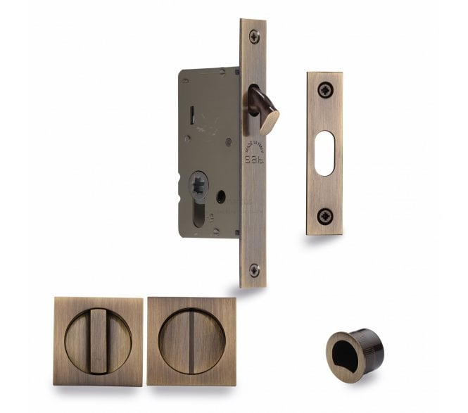 Heritage Brass Square Sliding Pocket Door Bathroom Lock - Antique Brass
