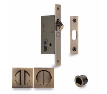 Heritage Brass Square Sliding Pocket Door Bathroom Lock - Antique Brass