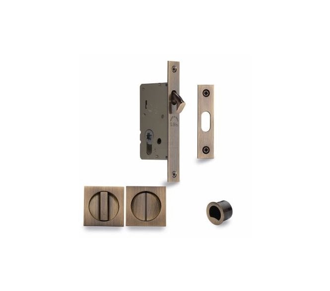 Heritage Brass Square Sliding Pocket Door Bathroom Lock Set 50mm - Antique Brass