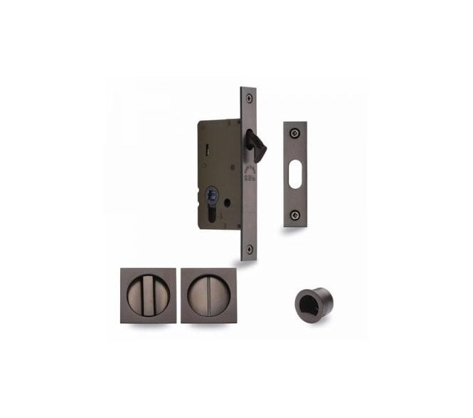 Heritage Brass Square Sliding Pocket Door Bathroom Lock Set 50mm - Matt Bronze