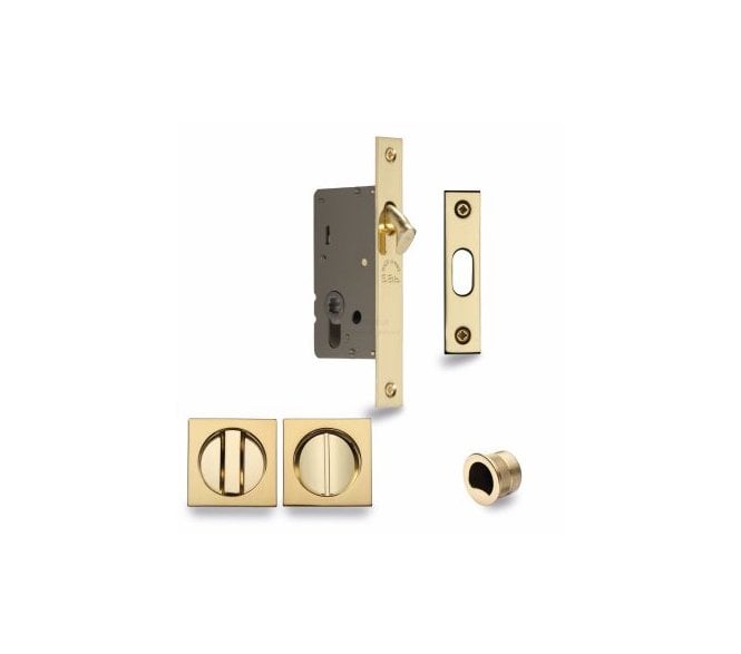 Heritage Brass Square Sliding Pocket Door Bathroom Lock Set 50mm - Polished Brass