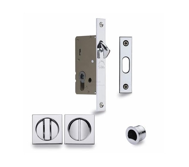 Heritage Brass Square Sliding Pocket Door Bathroom Lock Set 50mm - Polished Chrome