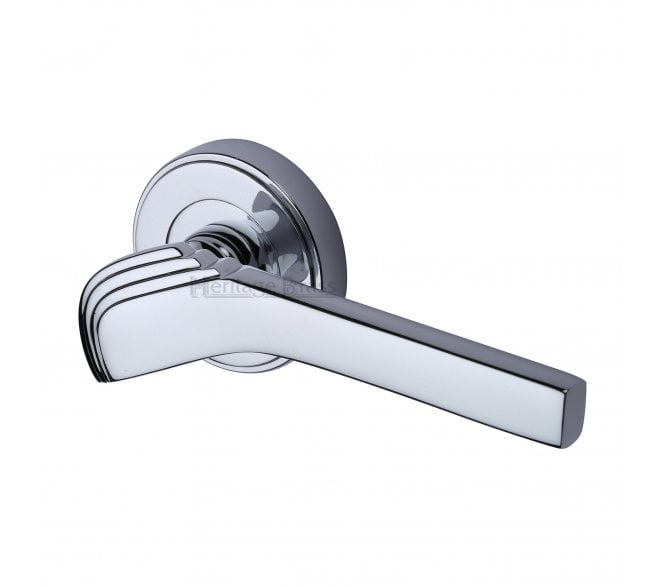 Heritage Brass Tiffany Art Deco Door Handles On Round Rose - Polished Chrome