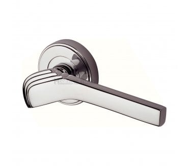 Heritage Brass Tiffany Art Deco Door Handles On Round Rose - Polished Nickel
