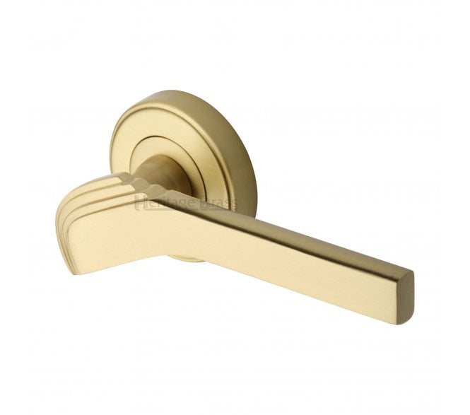 Heritage Brass Tiffany Art Deco Door Handles On Round Rose - Satin Brass