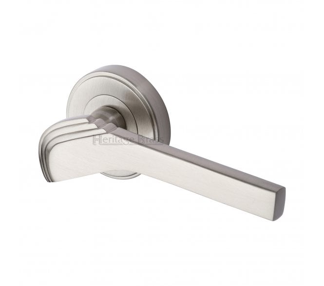 Heritage Brass Tiffany Art Deco Door Handles On Round Rose - Satin Nickel