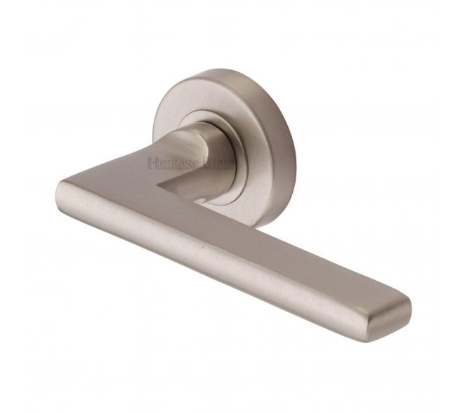 Heritage Brass Trident Door Handles On Round Rose - Satin Nickel