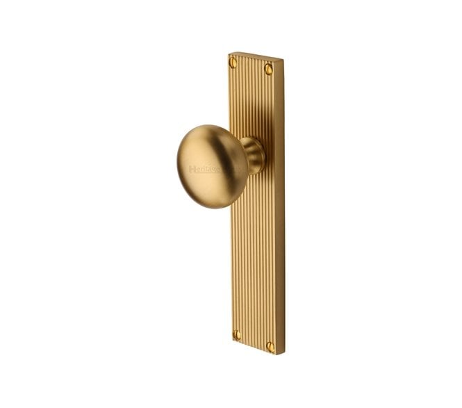 Heritage Brass V9200-SB Victoria Mortice Knobs On Reeded Backplate - Satin Brass