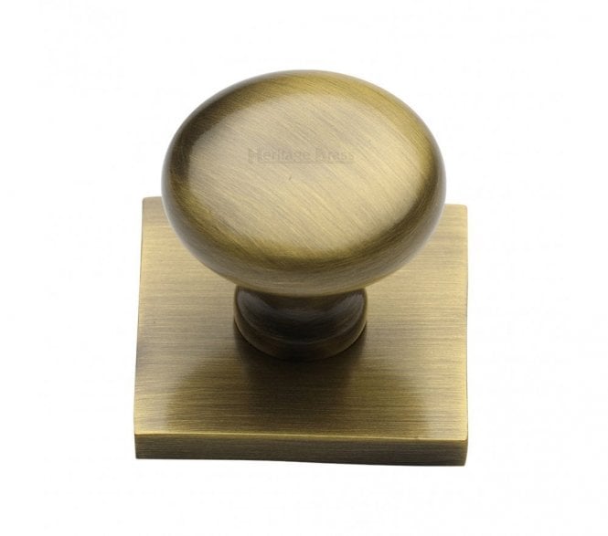 Heritage Brass Victorian Round  Designer Cabinet Knob on Square Backplate - Antique Brass