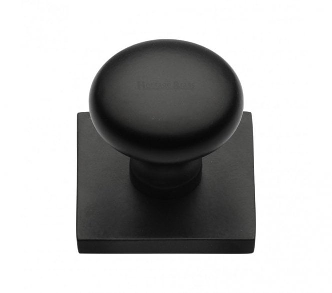 Heritage Brass Victorian Round  Designer Cabinet Knob on Square Backplate - Matt Black