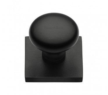 Heritage Brass Victorian Round  Designer Cabinet Knob on Square Backplate - Matt Black