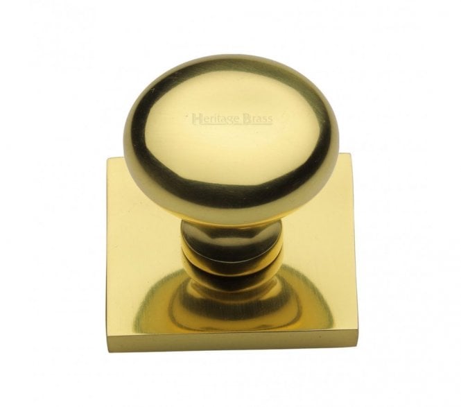 Heritage Brass Victorian Round  Designer Cabinet Knob on Square Backplate - Polished Brass