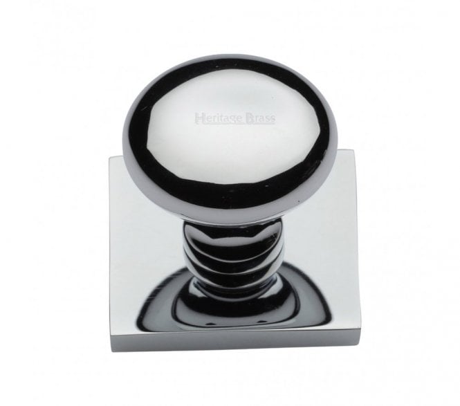 Heritage Brass Victorian Round  Designer Cabinet Knob on Square Backplate - Polished Chrome
