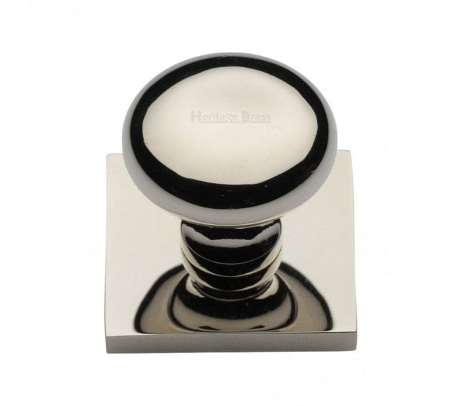 Heritage Brass Victorian Round  Designer Cabinet Knob on Square Backplate - Polished Nickel