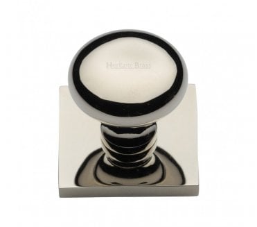 Heritage Brass Victorian Round  Designer Cabinet Knob on Square Backplate - Polished Nickel