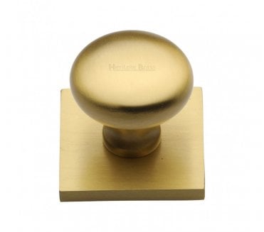 Heritage Brass Victorian Round  Designer Cabinet Knob on Square Backplate - Satin Brass