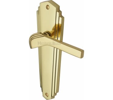 Heritage Brass Waldorf Art Deco Door Handles On Backplate - Polished Brass