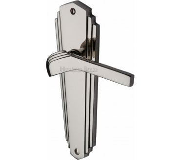 Heritage Brass Waldorf Art Deco Door Handles On Backplate - Polished Nickel