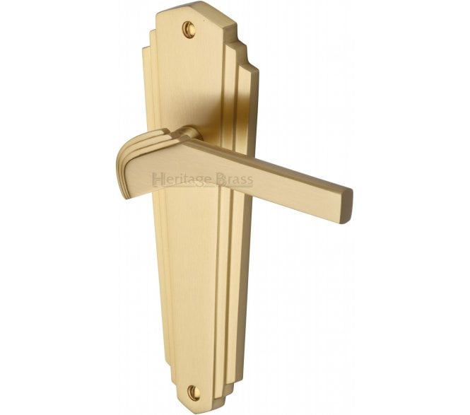 Heritage Brass Waldorf Art Deco Door Handles On Backplate - Satin Brass