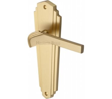 Heritage Brass Waldorf Art Deco Door Handles On Backplate - Satin Brass