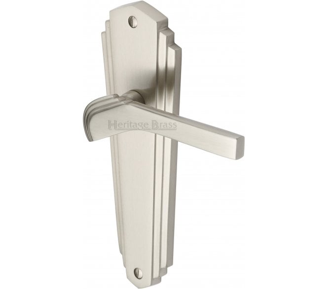 Heritage Brass Waldorf Art Deco Door Handles On Backplate - Satin Nickel