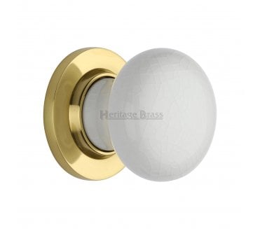 Heritage Brass White Crackle Porcelain Door Knobs - Polished Brass