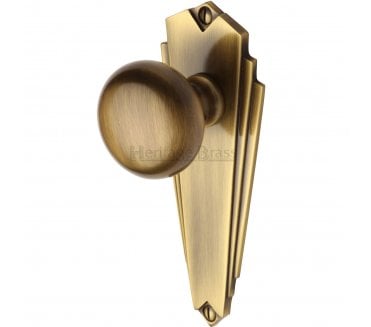 Heritage Broadway Art Deco Knob On Backplate - Antique Brass