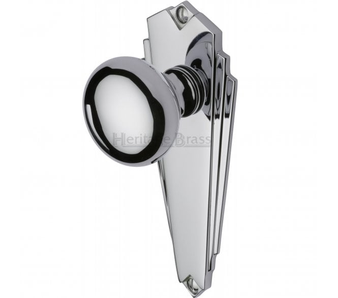 Heritage Broadway Art Deco Knob On Backplate - Polished Chrome