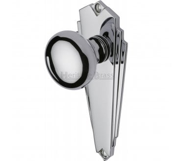 Heritage Broadway Art Deco Knob On Backplate - Polished Chrome