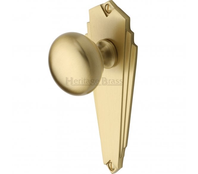 Heritage Broadway Art Deco Knob On Backplate - Satin Brass