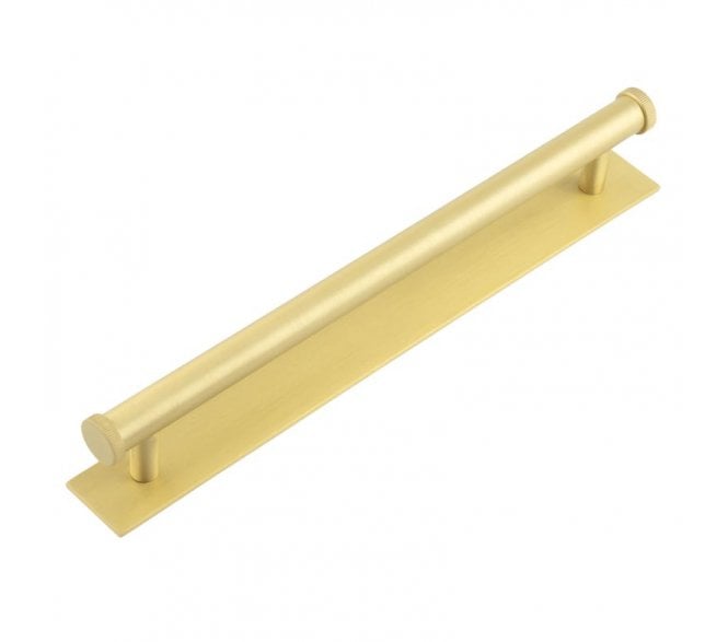Hoxton Thaxted Cabinet Handles On Plain Backplate - Satin Brass