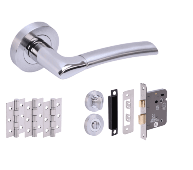 Hunta Columba Polished/Satin Chrome Door Handle Bathroom Pack (3x hinges)