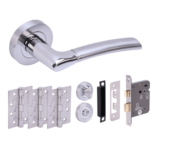 Hunta Columba Polished/Satin Chrome Fire Rated Door Handle Bathroom Pack (3x hinges)