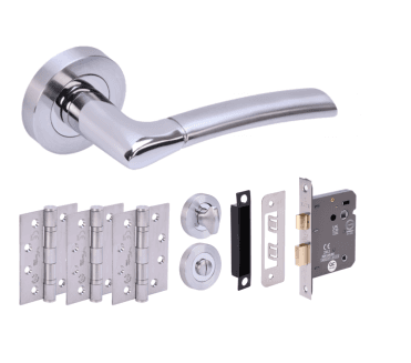 Hunta Columba Polished/Satin Chrome Fire Rated Door Handle Bathroom Pack (3x hinges)