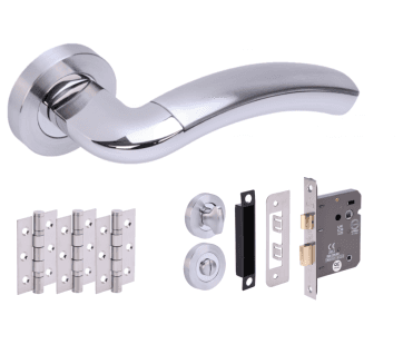 Hunta Corax Polished/Satin Chrome Door Handle Bathroom Pack (3x hinges)