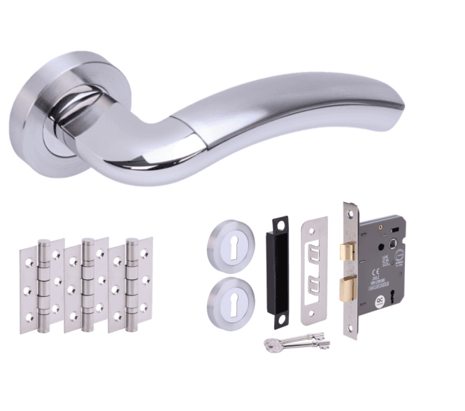 Hunta Corax Polished/Satin Chrome Door Handle Lock Pack (3x hinges)