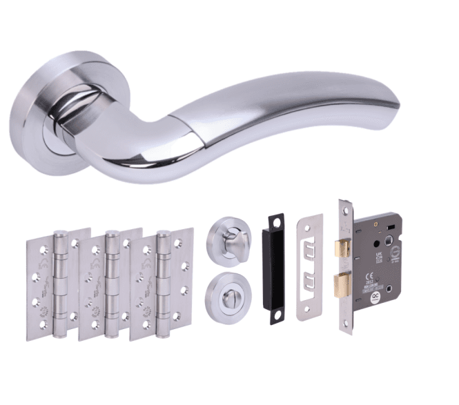 Hunta Corax Polished/Satin Chrome Fire Rated Door Handle Bathroom Pack (3x hinges)