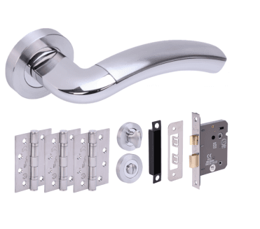 Hunta Corax Polished/Satin Chrome Fire Rated Door Handle Bathroom Pack (3x hinges)