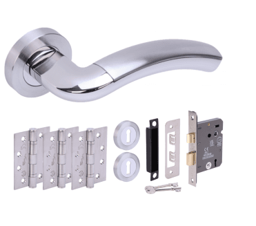 Hunta Corax Polished/Satin Chrome Fire Rated Door Handle Lock Pack (3x hinges)