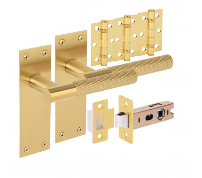 Hunta Dexra Knurled Lever On Backplate Latch Pack (x3 76mm Hinges) - Satin Brass