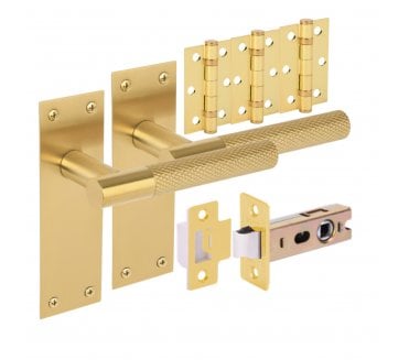 Hunta Dexra Knurled Lever On Backplate Latch Pack (x3 76mm Hinges) - Satin Brass