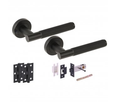 Hunta Evo Knurled Door Handle Latch Pack - Privacy - (X2 Hinges) - Matt Black