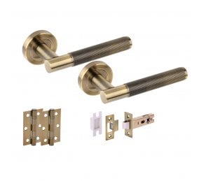 Hunta Evo Knurled Door Handle Latch Pack (X2 Hinges) - Antique Brass