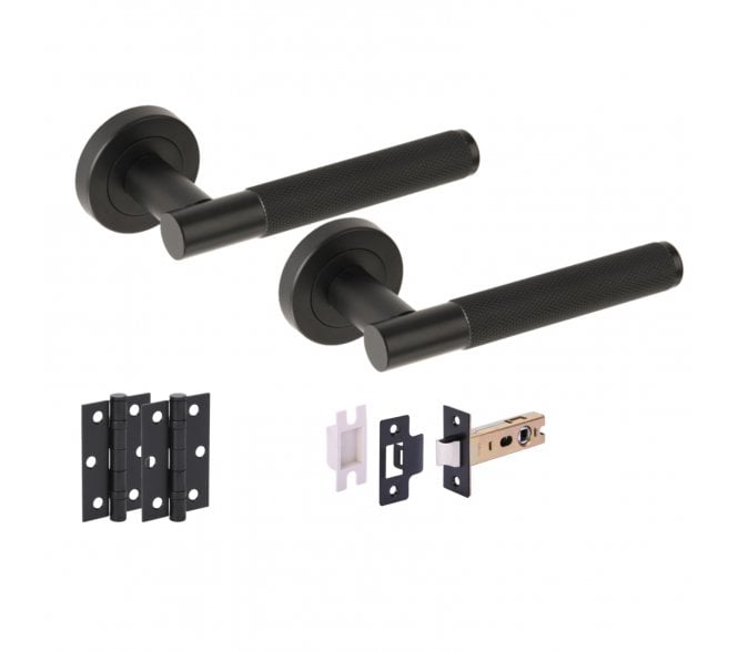 Hunta Evo Knurled Door Handle Latch Pack (X2 Hinges) - Matt Black