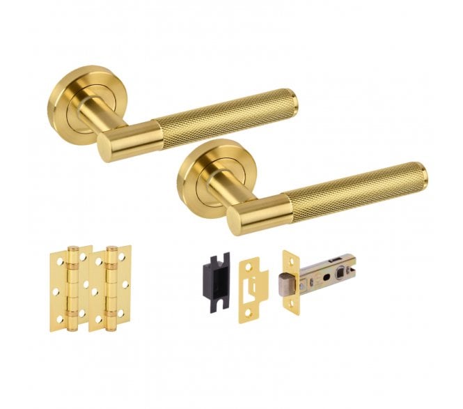 Hunta Evo Knurled Door Handle Latch Pack (X2 Hinges) - Satin Brass